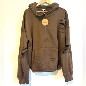 BiBi Distressed Half-Zip Hoodie – Hunter Green – Size XL NWT